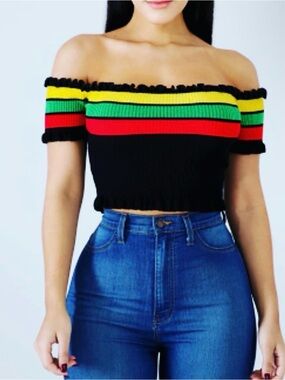 WinWin Black Off-Shoulder Crop Top with Red, Green & Yellow Stripes